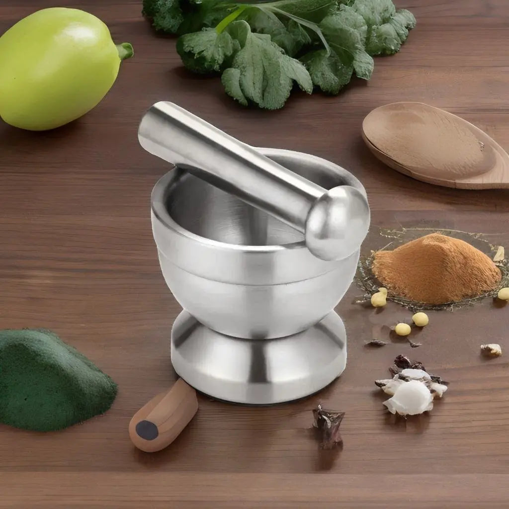 Zero Waste Co Stainless Steel Mortar and Pestle Pedestal Bowl Garlic Press Herb Mill