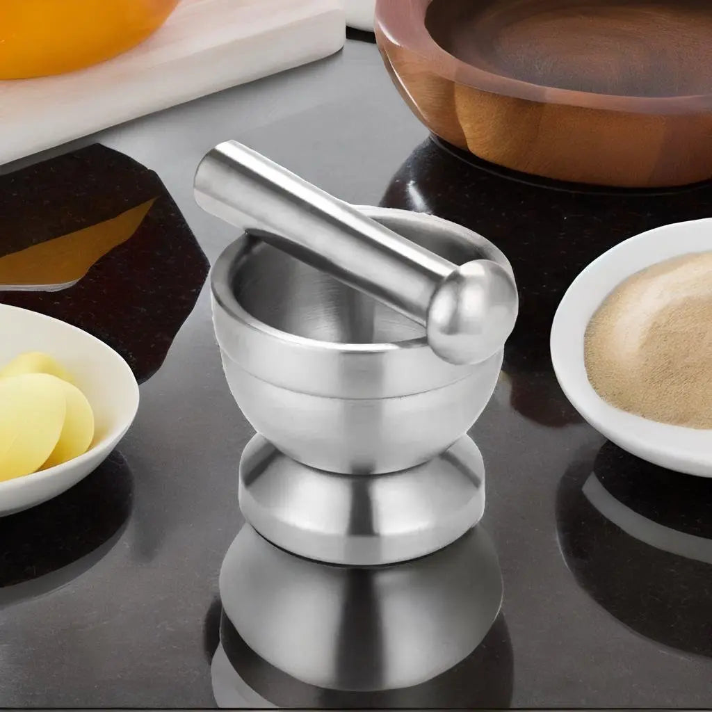 Zero Waste Co Stainless Steel Mortar and Pestle Pedestal Bowl Garlic Press Herb Mill