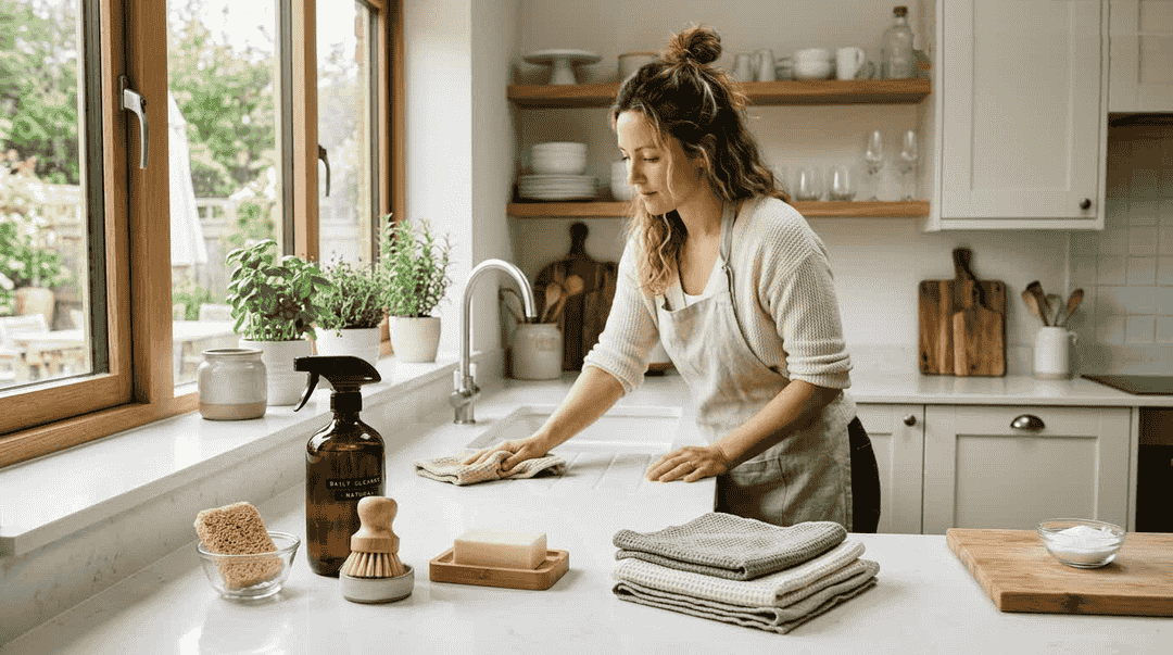 Realistic lifestyle photo of a modern kitchen being cleaned with reusable cloths and natural cleaning tools, soft natural lighting through window, eco-friendly cleaning setup on countertop, neutral tones, minimal plastic visible - Zero Waste Co