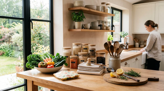 Realistic lifestyle photo of a modern eco friendly home kitchen with wooden utensils, glass containers, reusable cloths and fresh vegetables on a wooden bench, natural sunlight, neutral tones, minimal plastic visible - Zero Waste Co