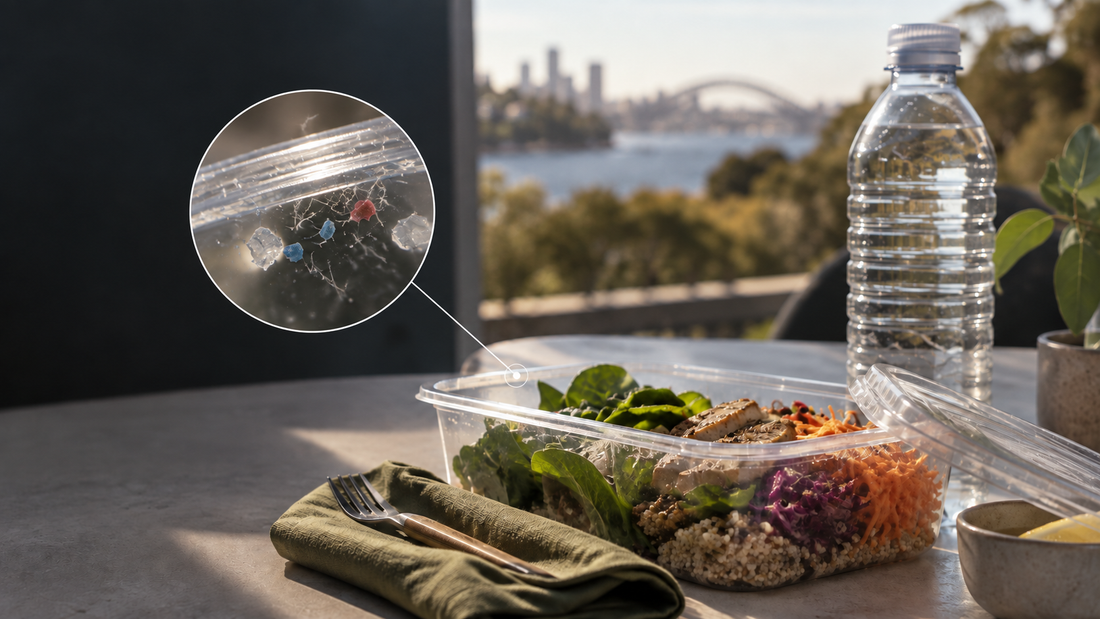 An ordinary packaged meal contrasted with a magnified view of tiny fibres and fragments.