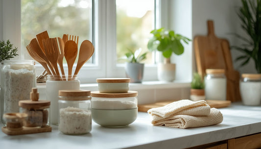 Modern eco friendly kitchen and home environment with reusable containers, wooden utensils, glass jars, and natural cleaning cloths on a countertop, natural sunlight through window - Zero Waste Co