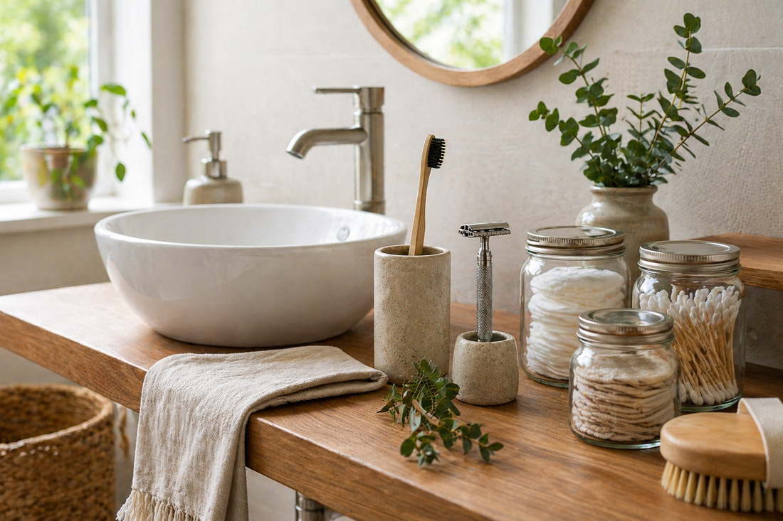 Bright bathroom counter with sustainable personal care products including bamboo toothbrush, reusable cloths, stainless steel razor and natural skincare items, warm natural lighting, eco friendly aesthetic, realistic home setting - Zero Waste Co