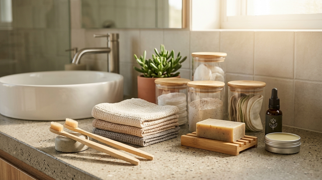 Natural bathroom counter with bamboo toothbrush, reusable cloths, glass jars and eco friendly personal care items, warm sunlight, neutral tones, modern Australian home bathroom setting - Zero Waste Co