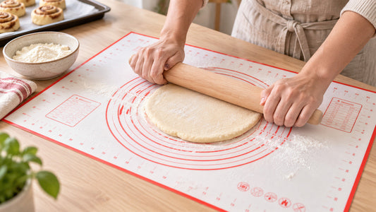 White reusable silicone baking mat with red measurement guides being used to roll dough on a kitchen bench.