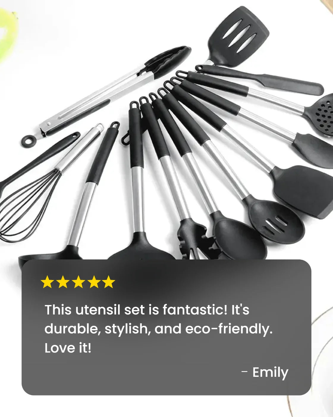 13-Piece Stainless Steel & Silicone Kitchen Utensil Set with Storage Bucket