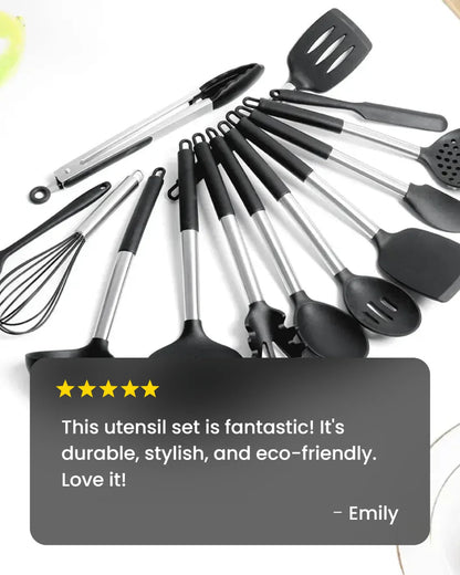 13-Piece Stainless Steel & Silicone Kitchen Utensil Set with Storage Bucket