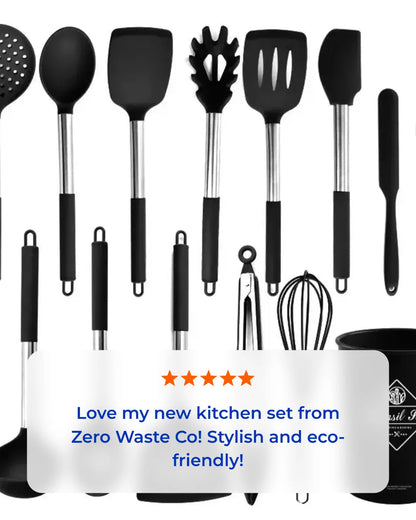 13-Piece Stainless Steel & Silicone Kitchen Utensil Set with Storage Bucket