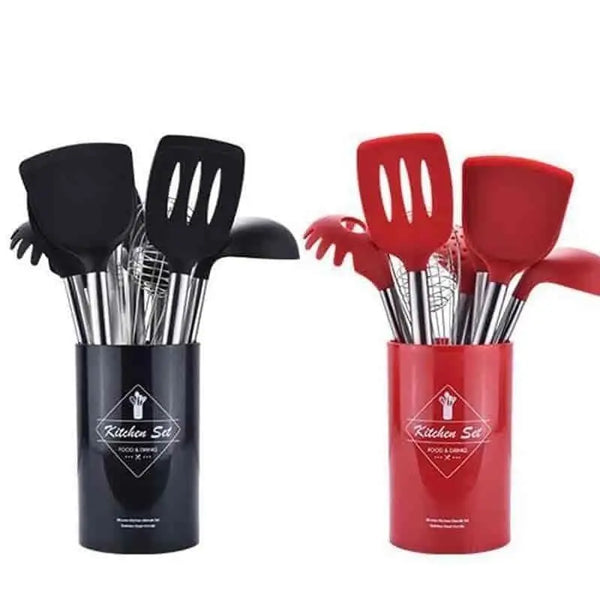 Zero Waste Co - 9pcs/set Stainless Steel Silicone Kitchen Utensil Set with Storage Bucket