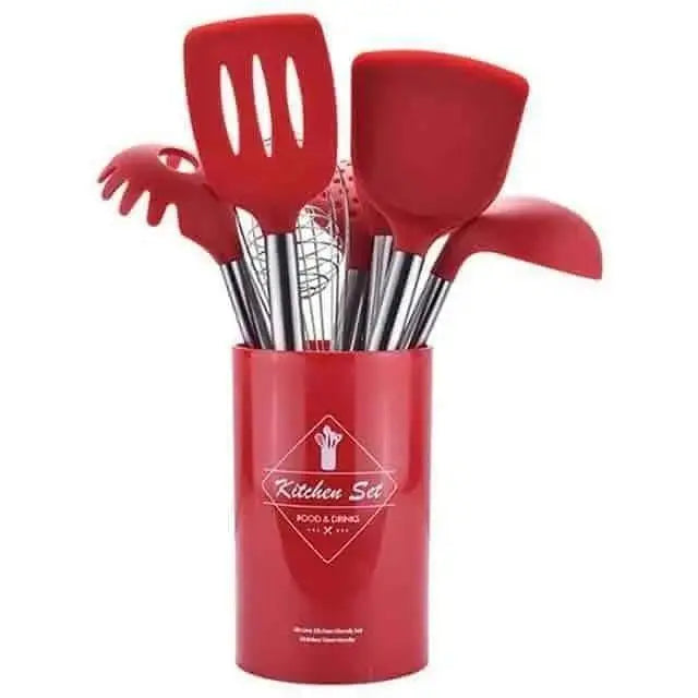 Zero Waste Co - 9pcs/set Stainless Steel Silicone Kitchen Utensil Set with Storage Bucket