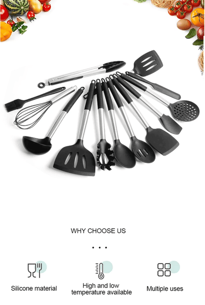 13-Piece Stainless Steel & Silicone Kitchen Utensil Set with Storage Bucket