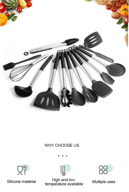 13-Piece Stainless Steel & Silicone Kitchen Utensil Set with Storage Bucket